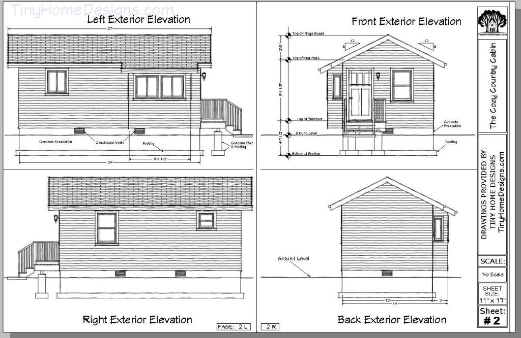 The elevations for the The Cozy Country Cabin at TinyHomeDesigns.com