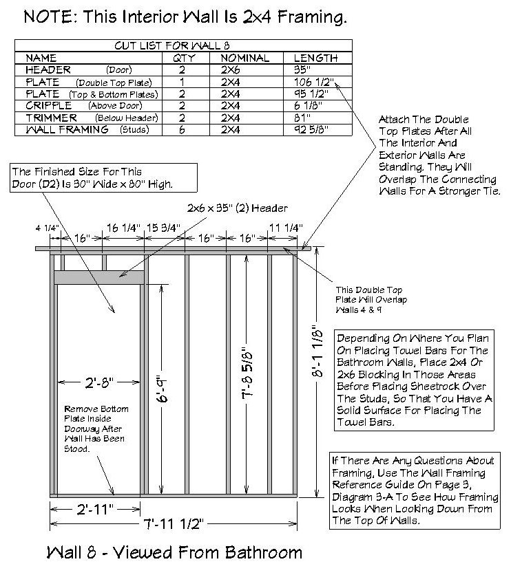 This view on plan sheet #7 is a typical wall layout with cut list showing each and every detail needed to build each wall