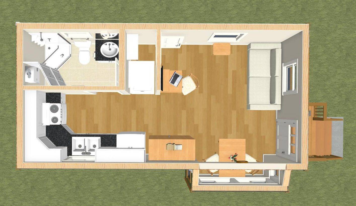 Tiny house floor plan, looking down with roof removed