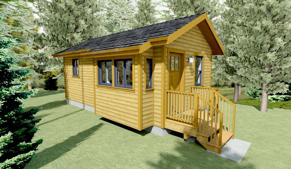 Tiny house with cedar color lap siding, shake roof, on a concrete foundation