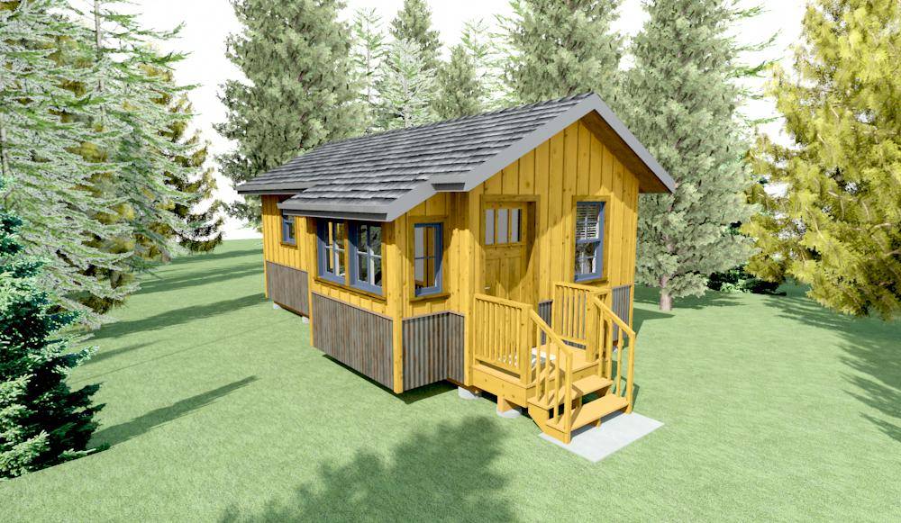 Tiny house with board & batten siding and corrugated metal, on a pier & beam foundation