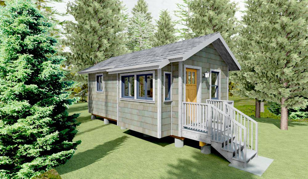 Tiny house with shingle siding and shake roof, on a pier & beam foundation