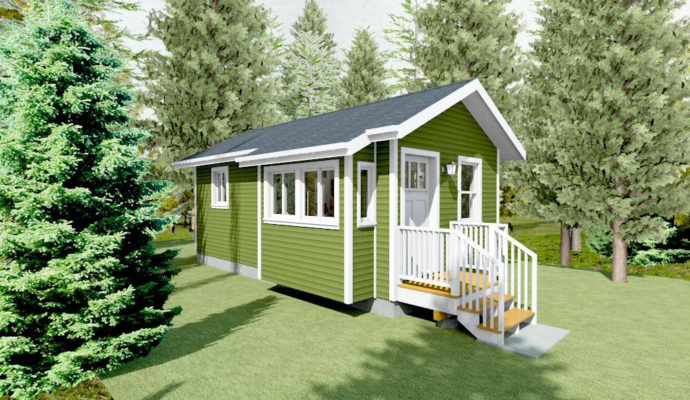 Tiny house with green lap siding and asphalt shingle roof, on a concrete foundation