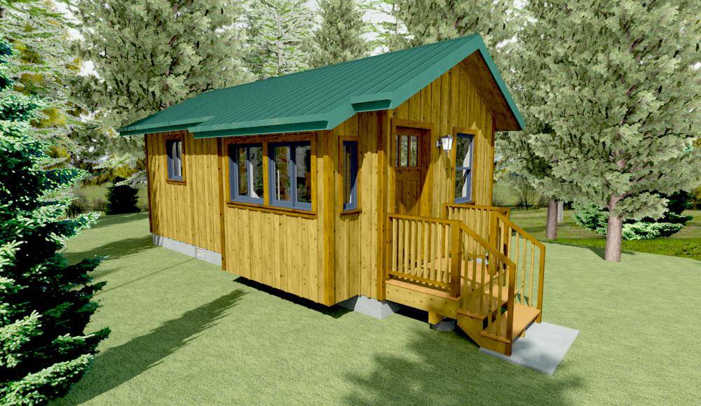 Tiny house with metal roof, board & batten siding on a concrete foundation