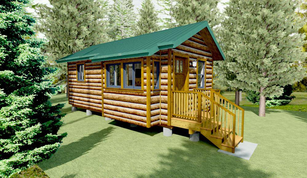 Tiny cabin with log siding, green metal roof on a pier & beam foundation